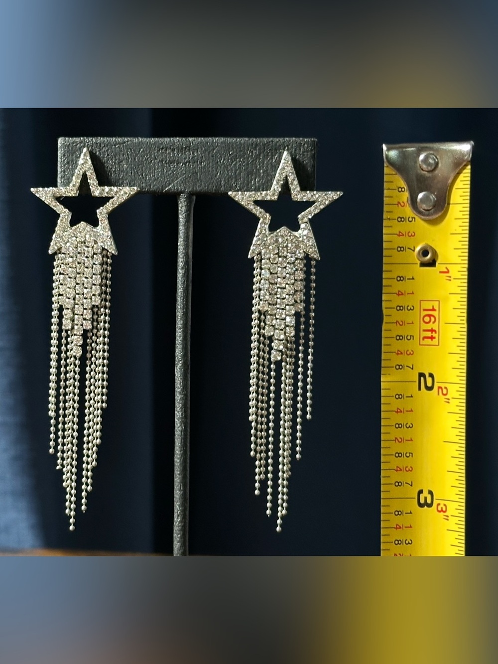 Y2K Rhinestone Star Fringe Tassel Post Earrings McBling Rockstar Showgirl Punk - Picture 4 of 4